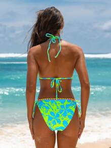 popvil Summer Triangle Floral Printed Shell Trim Beach Vacation Bikini Set - Green - View 6
