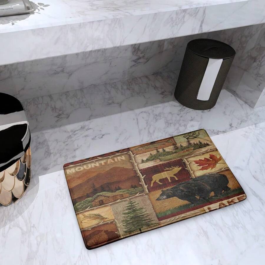 Rustic Moose Bear Bath Mat, Cabin Lodge Rug Forest Animal Deer Country Bathroom Rug Retro Lodge Decor Mat For Indoor Outdoor - Bear - View 1