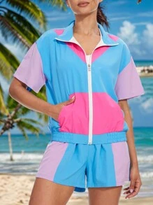 Women's 80s 90s Outfits Party Themed Costume Tracksuit Short Sleeve Windbreaker Jacket And Short Sets - Màu xanh lam - Xem 1