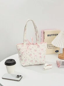 1 Piece Fresh Bow & Floral Tote Bag Ditsy Floral Quilted Makeup Bag Pink Flower Plaid Cosmetic Bag For Women Portable Print Flower And Bow Knot Pattern Tote Bag Make Up Organizer Toiletry Bags Travel Toiletry Bag For Women Cute Aesthetic Floral Makeup Bag Grocery Cloth Bag Floral Handle Bag For Beach Daily Commuter Pink Travel Shopping Bag Cute Cosmetic Pouch With Handle For Girls Women Bridesmaid Birthday Gift - Multicolor - View 9