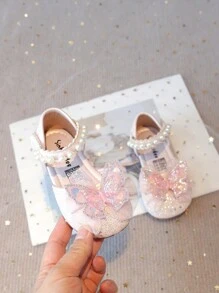 1 双女婴公主风格蝴蝶结 PU 钩环设计平底鞋，防滑闪光凉鞋，适合春夏季 - 粉色 - 查看 2
