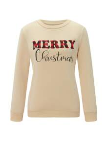 Mommy And Me Matching Christmas Sweatshirts Family Matching Xmas Outfits Long Sleeve Crewneck Let It Snow/Merry Christmas/Merry Bright Letter Print Sweatshirts Pullover Tops Winter Fall Clothes - 卡其色 - 查看 6