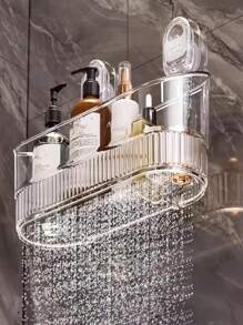 1pc Luxury Stainless Steel Wall-Mounted Suction Cup Storage Rack - No-Drill Hanging Organizer Bin, Suitable For Shower Essentials, Cosmetics And Toiletries - Plastic Shelf For Bathroom Use, No Electricity Required