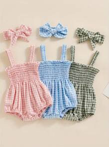 Conjunto de 2 piezas de verano para niñas, mono sin mangas con volantes y tirantes fruncidos con diadema - Rosa - Ver 8