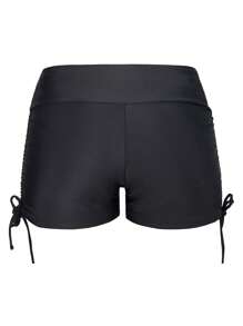 Women's Summer Flat Angle Swimming Trunks, High Waisted, Solid Color, With Straps On Both Sides, Providing Sufficient Coverage Without Loosening Or Slipping. Highly Elastic, Soft, Comfortable, Breathable, And Skin Friendly. Suitable For Surfing, Swimming, Beach Activities, Yoga, Fitness, Running, Etc. - 黑色 - 查看 7