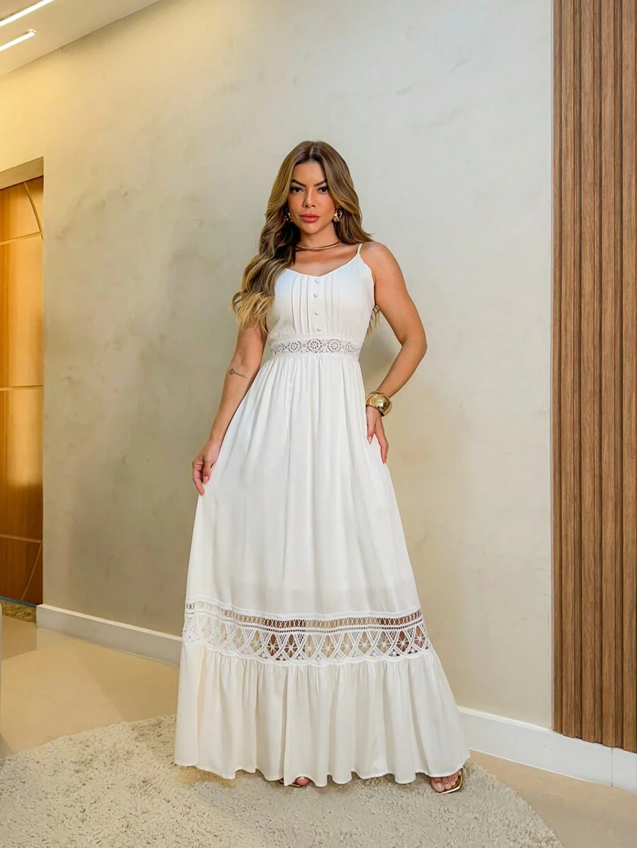 Long Viscolinho Holiday Dress - White - View 1