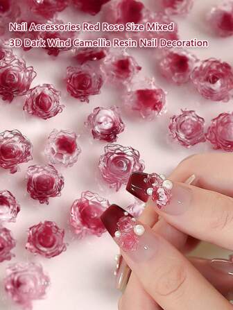 45 件玫瑰和山茶花树脂美甲装饰，混合尺寸，深色风格，适用于美甲沙龙 DIY 美甲用品指甲饰指甲宝石