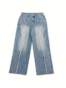 Men's Water Washed Blue Patchwork Fringe Streetwear Fashion Casual Jeans