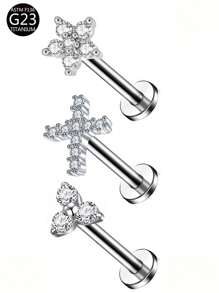 3Pcs G23 Titanium CZ Flower Cross T-Bar Internal Thread Studs Ear Lip Cartilage Women Body Jewelry For Daily Wear - 3 Earrings - View 13