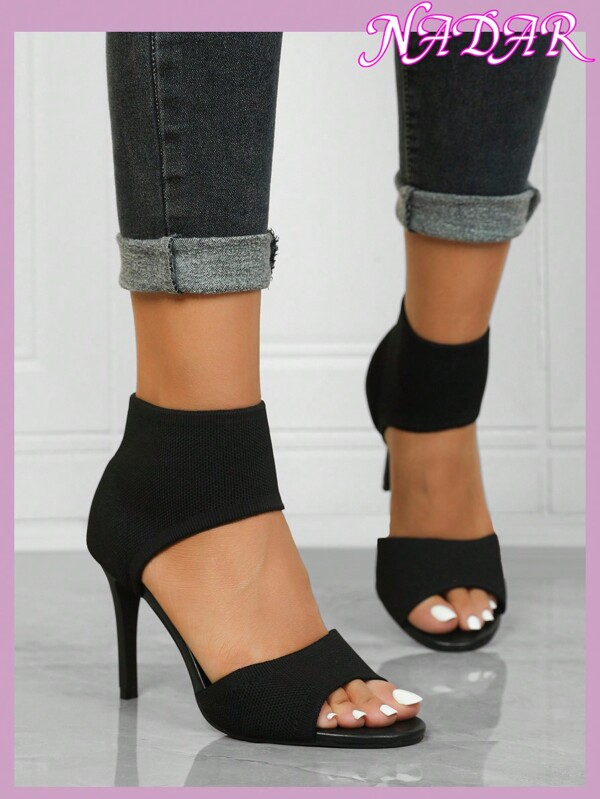 Women's Minimalist Thick High Heel Knitted Sandals, Casual Solid Color Anti Slip Sandals