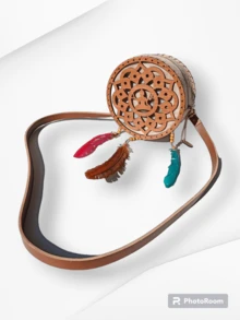 Wooden Handbag / Women's Shoulder Bag With Dream Catcher Design - 駝色 - 查看 1