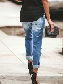 Women's Casual Distressed Pocket Detail Jeans, Minimalist European Style - Medium Wash - View 2