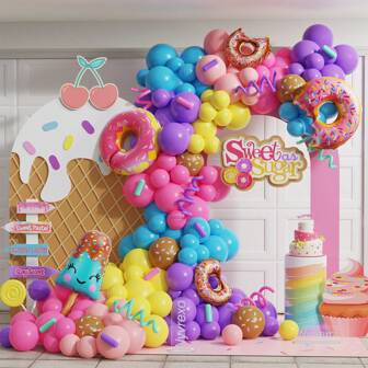 Sweet One 生日派对装饰，淡彩彩虹甜甜圈马卡龙糖屑气球拱门花环套装，配冰淇淋铝箔气球，适合成长型两个甜蜜派对用品，房间家居卧室客厅婚礼户外