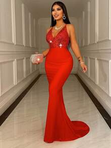 CHOSMO 新款夏季亮片露背吊带红色婚纱，优雅奢华舞会礼服高腰修身长裙，Rojo - 紅色 - 查看 9