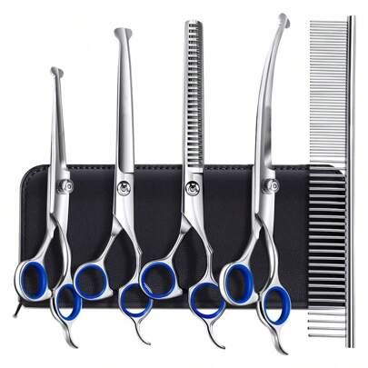 1 Set de Tijeras para Aseo de Mascotas, que incluye Tijeras Rectas, Tijeras Curvas y un Peine para el Aseo de Mascotas
