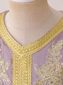 Langes Satinkleid mit Trompetenärmeln und besticktem Blumenmuster, elegantes Partykleid für Familienfeiern und Feiertage, ohne Haarband - Verschiedenfarbig - Übersicht 5