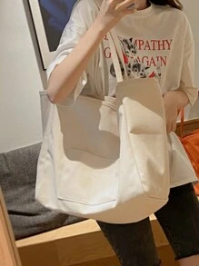 純色帆布極簡大容量時尚托特包，百搭 Ins 風購物袋，優雅必備單品 - 白色 - 查看 2