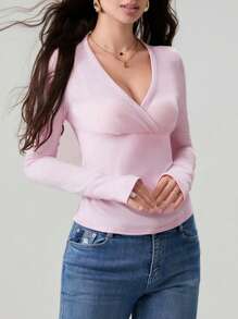 Women Y2k Fairy Grunge Shirt Top Long Sleeve Wrap V-Neck Tunic T-Shirts Pullover Tops Vintage Going Out Tees Tops Aesthetic Clothes E-Girl 2000s Streetwear - 粉色 - 查看 3