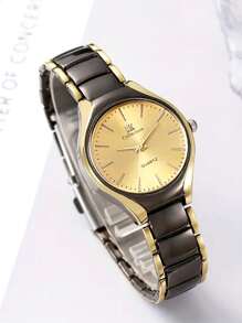 4件套时尚百搭休闲圆形情侣手表，简约钢带石英表搭配心形吊坠项链，情侣对表礼盒套装，适合婚礼、派对、节日、返校季、圣诞节及日常佩戴 - 金色 - 查看 5