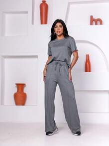 Women's Set Of Wide Leg Pants And Comfortable Sweatshirt Top Summer - 灰色 - 查看 1