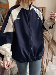 Chamarra Mujer Impermeable Para Lluvia Chaqueta Rompevientos,Los de otoño e invierno de bloqueo de color frontal,Chaqueta Sport Ligera - Azul Marino - Ver 1