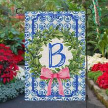1pc, Chinoiserie Garden Flag, Name Initial Flags, Chinoiserie & Bow Flags, Boxwood Wreath, Yard Family Last Name Flag, 12x18 Inches, Perfect For Thanksgiving, Christmas, And New Year Outdoor Decorations, Home And Scene Decor, No Flagpole Included