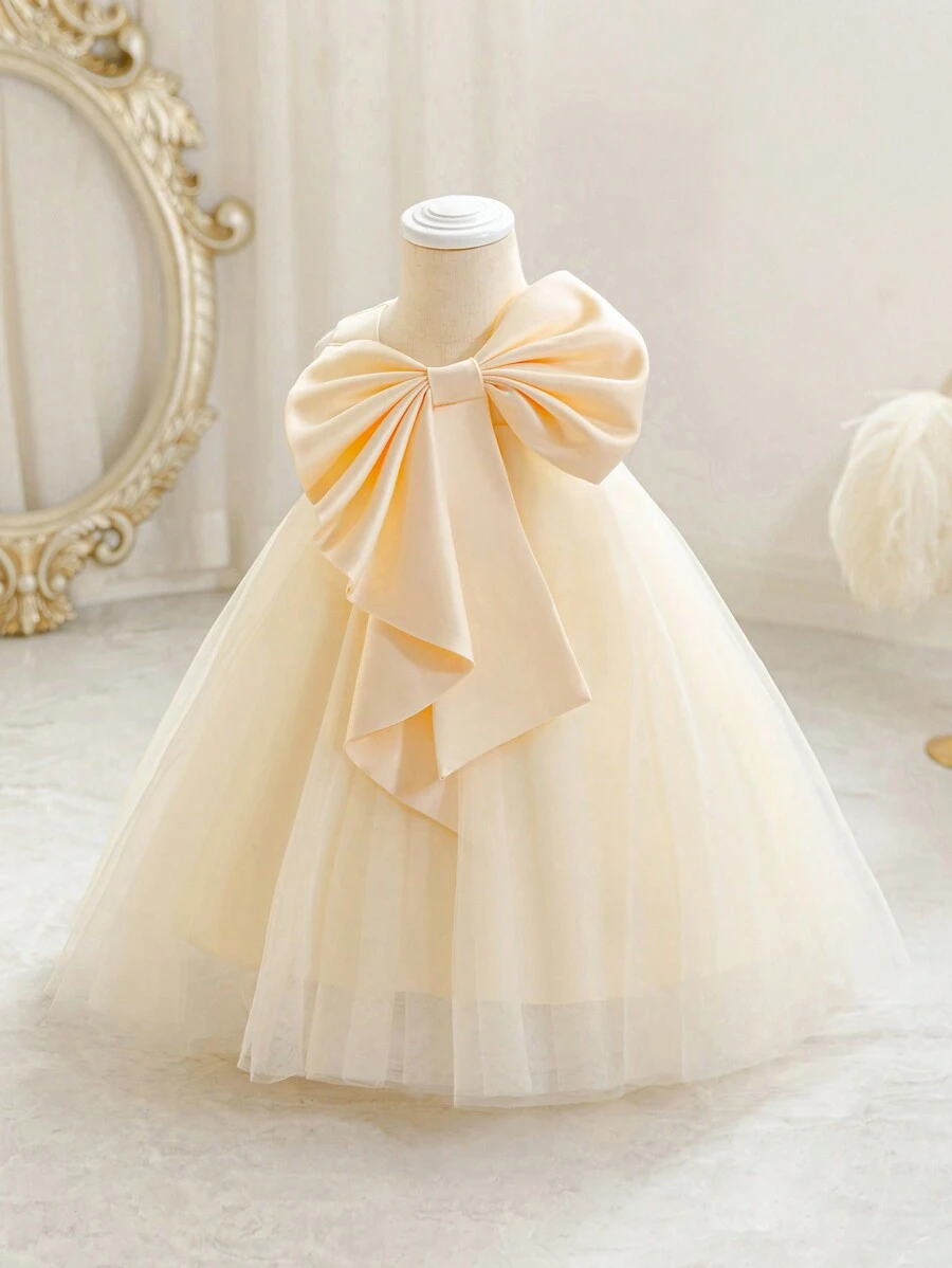 Baby Girls' Champagne Bow Christmas Party Dress, Elegant Princess Tulle Gown, Suitable For 1st Birthday, Wedding, Banquet, Holiday Celebration