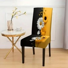 2/4/6pcs Black And Yellow Stretchable Chair Covers, Classic Daisy Print Pattern Polyester Removable Washable High Elastic Chair Cover, For Home, Office, Restaurant, Banquet Decoration - Multifunctional Furniture Protector - Multicolor - View 8