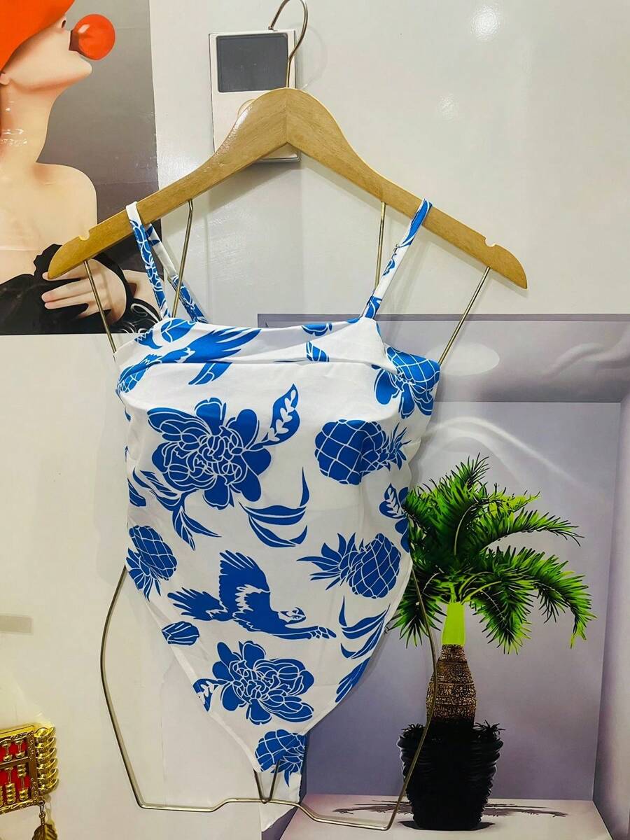 Belala Moda New Vest With Adjustable String And Print - Blue and White - View 1
