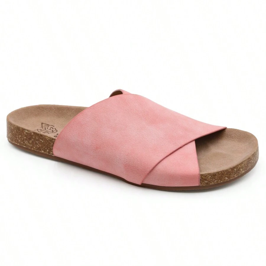 Women's Cork Footbed Slide Comfortable Cross-Strap Flat Casual Sandals - 臉紅色 - 查看 1