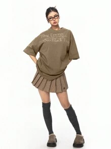 复古美式字母印花宽松休闲短袖T恤女款夏季 - 卡其色 - 查看 2