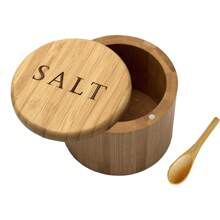 1P Salt Cellar, Bamboo Salt Box, Salt Container With Spoon, Salt Holder With Lid, Salt Shaker, Cumin And Pepper Bowl With Magnetic Swivel Lid - 1 - View 9