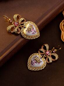 A Pair Of Vintage Pink Heart-Shaped Cat Inlaid Earrings, Sweet And Suitable For Women To Wear Daily, Valentine's Day Gift.,Mom,Mother,Mother's Day,Gift
