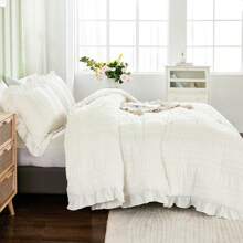 3 Pieces Beige Textured Comforter Set Queen King,Ruffle Farmhouse Shabby Chic Comforter For Queen Bed,Soft Seersucker Boho Bedding Set With 1 Ruffle Comforter,2 Tufted Pillowcases