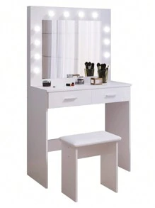 White Dressing Table Set With LED Lights Mirror, Vanity Makeup Table 2 Large Drawers And Stool - White - View 7