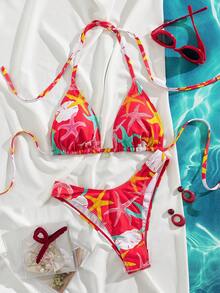 Fashionable New Starfish & Ocean Element Print Sexy Red Bikini Swimwear, Spring/Summer - Red - View 4