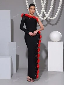 Modphy Nieuwe Sexy Een Schouder Lange Mouw Rugloze Zwaar Versierde Bloemen Diamant Bodycon Lange Jurk, Formele Avondjurk Voor Bruiloftsgasten, Vakantie, Verjaardagsfeestje, Mode Dames Evenement