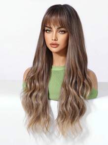 26-Inch Long Curly Wig With Bangs Ombre Brown Wigs For Women Synthetic Wigs For Daily Party. - Brown Ombre - View 4