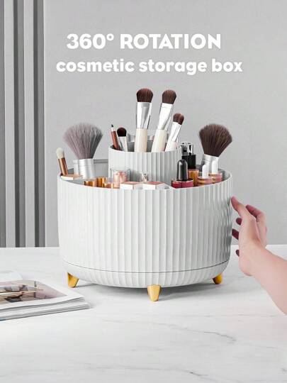 1 pieza Caja de almacenamiento de maquillaje giratoria de escritorio, caja de almacenamiento de papelería, organizador de bolígrafos, estante de exhibición de cosméticos, balde de almacenamiento de brochas de maquillaje multifuncional, caja de almacenamiento de productos para el cuidado de la piel, caja de almacenamiento de brochas de maquillaje de plástico, organizador de maquillaje de verano para el hogar y el baño