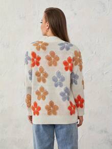 Women Loose Knit Cardigan Long Sleeve V-Neck Button Closure Flower Spring Fall Casual Jacket Sweater With Pockets - Beige - View 6