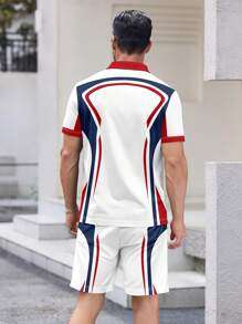 Men's Colorblock Print Short Sleeve Polo Shirt And Shorts Set - Multicolor - View 3