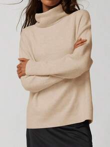 Women's Oversized Turtleneck Sweater Soft Knit Long Sleeve Casual Tunic Sweater Top - Màu be - Xem 4