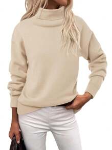 Women's Oversized Turtleneck Sweater Soft Knit Long Sleeve Casual Tunic Sweater Top - Màu be - Xem 2