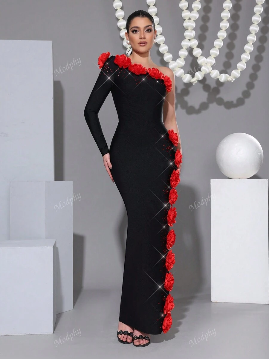 Modphy Nieuwe Sexy Een Schouder Lange Mouw Rugloze Zwaar Versierde Bloemen Diamant Bodycon Lange Jurk, Formele Avondjurk Voor Bruiloftsgasten, Vakantie, Verjaardagsfeestje, Mode Dames Evenement