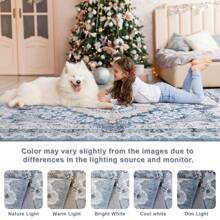 6x9 Washable Rugs For Living Room, Faux Wool Vintage Rug For Bedroom Dining Room, Low Pile Soft Boho Floor Covering Carpet Retro Distressed Medallion Mat Traditional Interiors, Blue & Beige