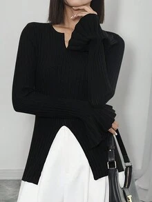 Women's V-Neck Fitted Slim Ribbed Knitted Flare Sleeve Slit Sweater - Black - View 4