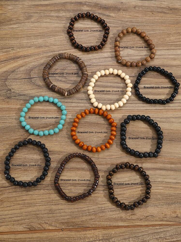 Set de 5/6 piezas de pulseras de madera con cuentas de estilo bohemio vintage para hombres, para vacaciones, citas, fiestas, San Valentín, uso diario - Estilo 1 - Añade 11