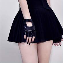 Adjustable Black Faux Leather Half Finger Gloves - Warm, Non-Stretch, Suitable For Cycling, Performance And Cosplay