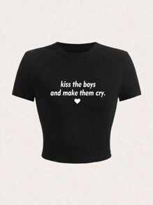 Letter Printed Short T-Shirt, Y2K Spring And Summer Short-Sleeved Crop Top, Women's