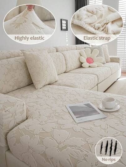 1pc Cream-Colored Printed Sofa Cover, Elastic Band, Universal Fit, Anti-Scratch & Anti-Slip Sofa Protector, Suitable For Living Room Sofa, Fits L-Shaped Sofa And 1, 2, 3, 4 Seat Sofas, All Season